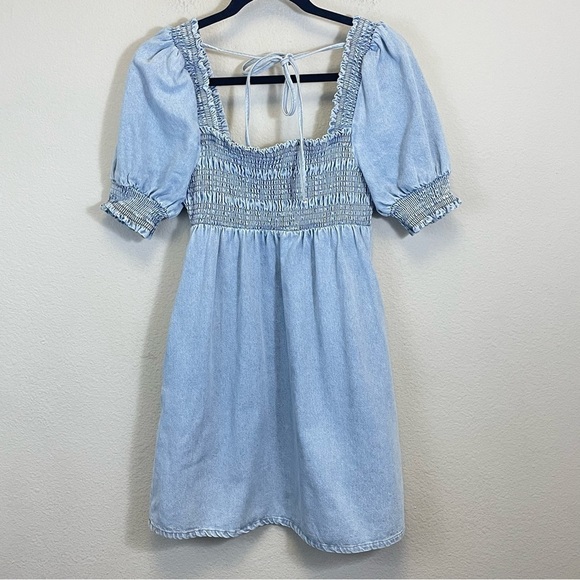 Altar’s State Denim Puff Sleeves Smocked Babydoll Mini Dress Size M - Picture 9 of 13